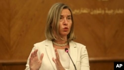 EU High Representative for Foreign Affairs and Security Policy Federica Mogherini gives a press conference in Amman, Jordan, June 10, 2018.