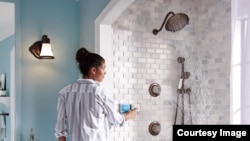 The "U" digital shower by Moen allows users to voice activate the shower and change water direction and flow. (Moen)