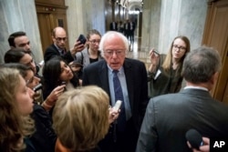 FILE - Sen. Bernie Sanders, I-Vt., center, speaks to reporters on Capitol Hill in Washington.