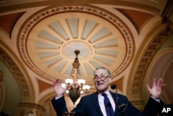 Senate Minority Leader Chuck Schumer of N.Y. speaks after a caucus luncheon on Capitol Hill in Washington, Dec. 19, 2017.