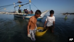 Filipino fishermen bring their fish to shore in the coastal town of Infanta, Pangasinan province, northwestern Philippines, May, 7, 2013.