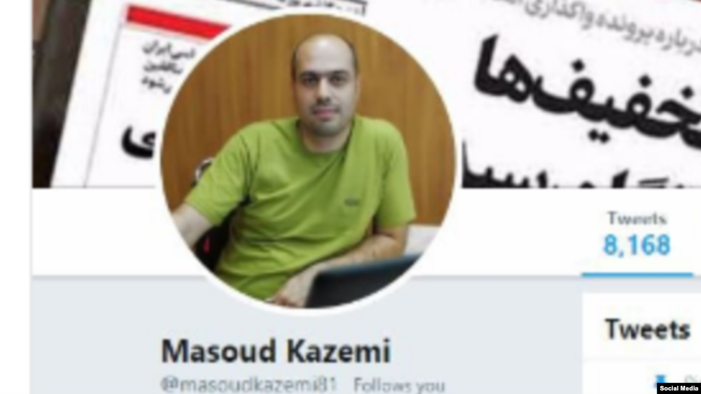 Masoud Kazemi, a former reporter for Iranian newspaper Shargh, appears in a screenshot of his Twitter page.