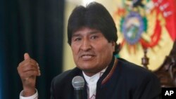 Bolivia's President Evo Morales speaks during a press conference at the government palace in La Paz, Bolivia, Feb. 24, 2016. By a slim margin, voters rejected his attempt to run a fourth consecutive term in 2019.