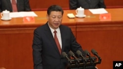 中國國家主席習近平在北京人民大會堂舉行的解放軍建軍90週年大會上發表講話。（2017年8月1日）