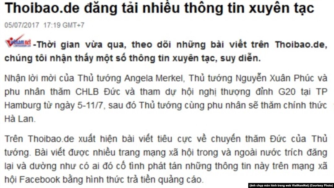 VNNet nói Thoibao.de đăng tải thông tin 'xuyên tạc' về chuyến thăm của Thủ tướng Nguyễn Xuân Phúc tới Đức. (Ảnh chụp màn hình trang web VietNamNet)