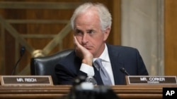 Senate Foreign Relations Committee Chairman Bob Corker, R-Tenn., pauses during a hearing on the crisis in Myanmar during a day of derisive name-calling with President Donald Trump, on Capitol Hill in Washington, Oct. 24, 2017.