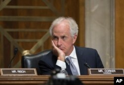 Senate Foreign Relations Committee Chairman Bob Corker, R-Tenn., pauses during a hearing on the crisis in Myanmar during a day of derisive name-calling with President Donald Trump, on Capitol Hill in Washington, Oct. 24, 2017.