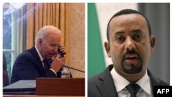 Ifoto ya prezida w'Amerika Joe Biden n'umushikiranganji wa mbere wa Etiyopiya Abiy Ahmed 