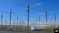 Antennas for the High Frequency Active Auroral Research Program [HAARP] - a high-energy radio physics project - are seen near Gakona, Alaska.
