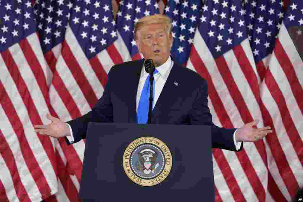 Président Donald Trump azali koloba na East Room ya Maison Blanche, Washington, 4 novembre 2020. (AP Photo/Evan Vucci)