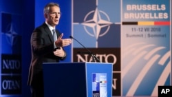 NATO Secretary General Jens Stoltenberg speaks during a media conference at NATO headquarters on the eve of a summit of the NATO heads of state and governments in Brussels, July 10, 2018.