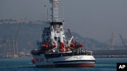 The Open Arms aid boat, of Proactiva Open Arms Spanish NGO, approaches the port of Barcelona, Spain, July 4, 2018. 