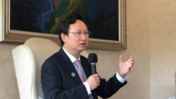 台湾侨务委员会委员长童振源2021年9月9日在华盛顿双橡园举行记者会(美国之音锺辰芳拍摄）