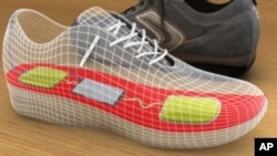 Artist's rendering of a shoe embedded with components that collect and store power to run mobile devices.