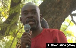 Nelson Chamisa leader of the Zimbabwe’s main opposition party the Movement for Democratic Change Alliance addressing his supporters in Harare, July 11, 2018.