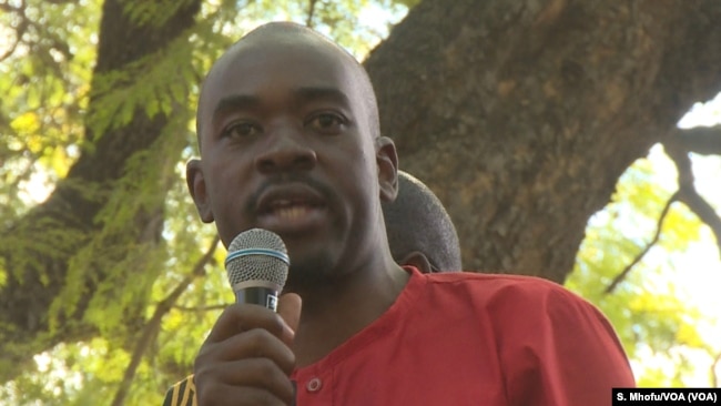 Nelson Chamisa leader of the Zimbabwe’s main opposition party the Movement for Democratic Change Alliance addressing his supporters in Harare, July 11, 2018.
