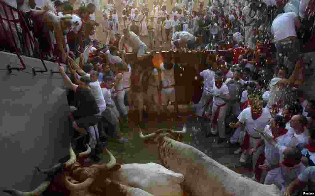 Runners get trapped by steers at the entrance to the bull ring during the third running of the bulls at the San Fermin festival in Pamplona July 9, 2013. REUTERS/Susana Vera (SPAIN - Tags: SOCIETY ANIMALS TPX IMAGES OF THE DAY) - RTX11HE0