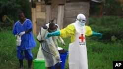 FILE - A health worker sprays disinfectant on his colleague after working at an Ebola treatment centre in Beni, Eastern Congo.