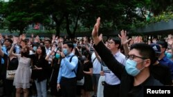 မှတ်တမ်းဓါတ်ပုံ- ၂၀၁၉ အောက်တိုဘာ ၂ ရက်နေ့တုန်းက ဟောင်ကောင်တွင် တရုတ်အမျိုးသားနေ့ ဆန့်ကျင်ဆန္ဒပြနေစဉ် 