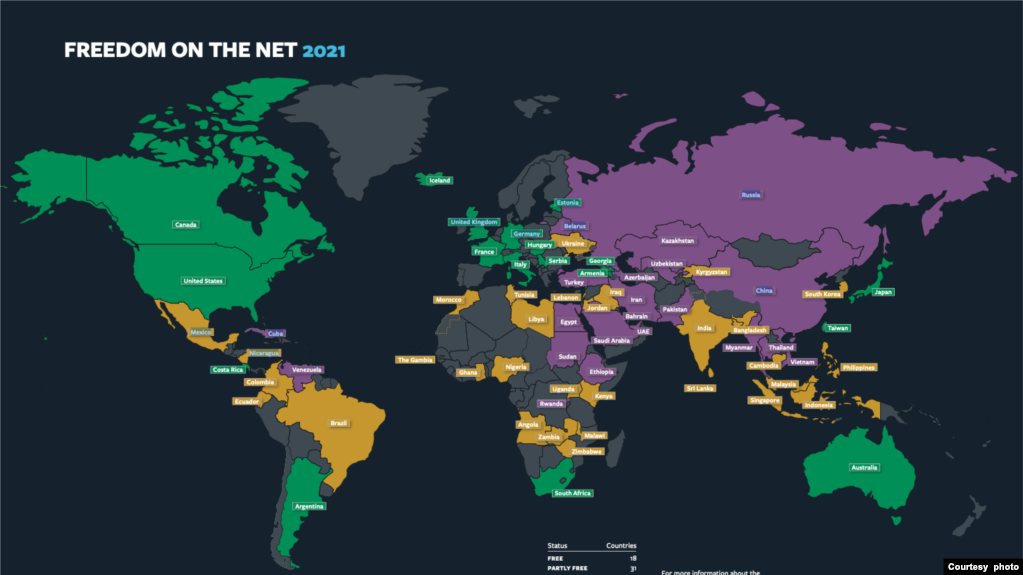 2021年自由之家网络自由报告国别图示，绿色代表自由，黄色代表部分自由，紫色代表不自由