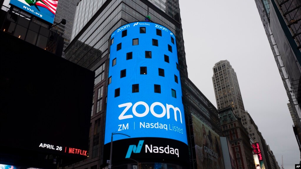 Zoom在纽约纳斯达克挂牌上市（美联社2019年4月18日）(photo:VOA)