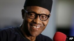 Nigerian former Gen. Muhammadu Buhari speaks to journalists in Abuja, Nigeria, Wednesday, April 1, 2015.