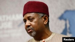 FILE - Nigeria's National Security Adviser Mohammed Sambo Dasuki listens to a question after his address at Chatham House in London, Jan. 22, 2015. 
