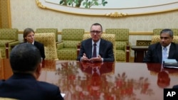 U.N. undersecretary-general for political affairs Jeffrey Feltman, center, meets with North Korean Foreign Minister Ri Yong Ho at the Mansudae Assembly Hall in Pyongyang, North Korea, Dec. 7, 2017. The senior United Nations official is on a four-day visit to the country at the invitation of the North Korean government.