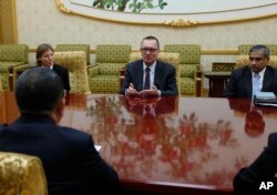 U.N. undersecretary-general for political affairs Jeffrey Feltman, center, meets with North Korean Foreign Minister Ri Yong Ho at the Mansudae Assembly Hall in Pyongyang, North Korea, Dec. 7, 2017.