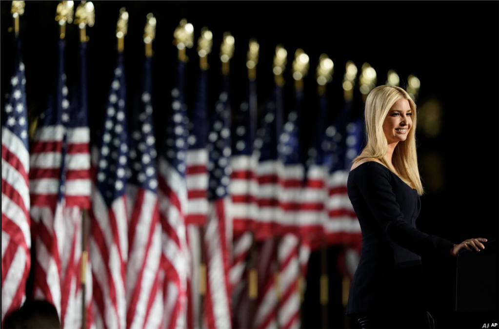 Ivanka Trump speaks from the South Lawn of the White House on the fourth day of the Republican National Convention, Aug. 27, 2020, in Washington.