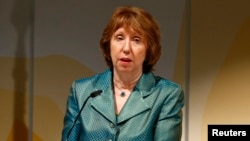 Catherine Ashton addresses a news conference following nuclear negotiations with Iran at the United Nations in Geneva. (October 16, 2013.)