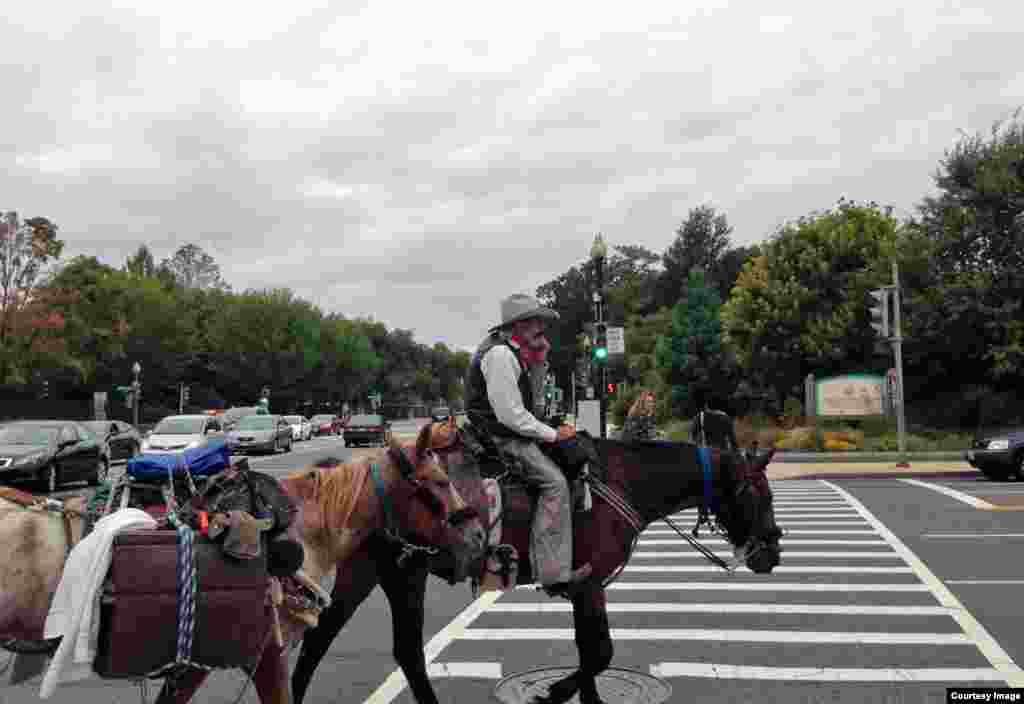  미국 워싱턴 의회 주변의 혼잡한 교차로에서 카우보이 복장의 남성이 말을 타고있다.