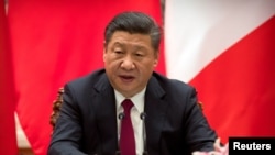 中共总书记、中国国家主席习近平在人民大会堂的联合记者会上讲话。（2018年1月9日）