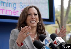 California Attorney General Kamala Harris takes questions after voting in Los Angeles, June 7, 2016. She and U.S. Rep. Loretta Sanchez advance to a runnoff election in November to replace retiring U.S. Sen. Barbara Boxer, a Democrat.