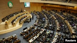 A general view shows Chad's President Idriss Deby addressing delegates during the 26th Ordinary Session of the Assembly of the African Union (AU) at the AU headquarters in Ethiopia's capital Addis Ababa, Jan. 31, 2016.