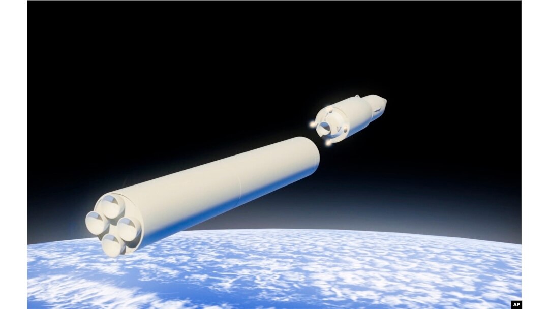 In this video grab provided by RU-RTR Russian television via AP television on March 1, 2018, a computer simulation shows the Avangard hypersonic vehicle being released from booster rockets.