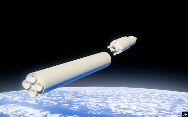 In this video grab provided by RU-RTR Russian television via AP television on March 1, 2018, a computer simulation shows the Avangard hypersonic vehicle being released from booster rockets.