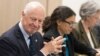 UN special envoy Staffan de Mistura (l) attends a meeting at Palais des Nations in Geneva, April 18, 2016.