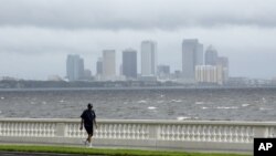 Warga Tampa, Florida berjalan di Bayshore Boulevard, jalanan dekat pantai di Tampa menjelang datangnya badai Isaac (27/8). 