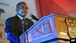 FILE - South African President Jacob Zuma speaks at the official launch of the Trans-Africa Locomotive prototype near Pretoria, South Africa, April 4, 2017. On Tuesday, Zuma launched a new Metrorail system dubbbed "People's Trains."
