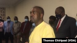 FILE - Nelson Chamisa, the leader of Zimbabwe's main opposition party, the Citizens Coalition For Change, speaking at the launch of his party.
