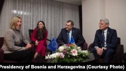 Albania -- High Representative of the European Union for Foreign Affairs and Security Policy Federica Mogherini and members of Bosnian Presidency Milorad Dodik and Sefik Dzaferovic, in Tirana, May 8, 2019.