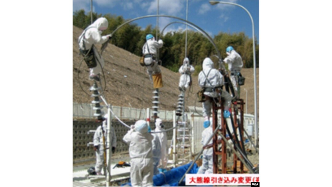 Para pekerja Jepang berusaha memperbaiki jaringan listrik pada PLTN Fukushima, Kamis (24/3).