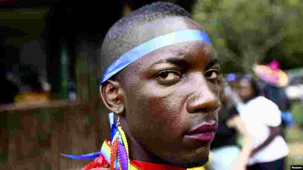 A man is pictured as he prepares for a parade to celebrate the annulment of an anti-homosexuality law by Uganda&#39;s constitutional court in Entebbe, Aug. 9, 2014.