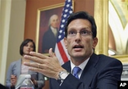 House Majority Leader Eric Cantor of Virginia speaks with reporters about jobs, as Congress waits for President Barack Obama to submit the jobs plan, in his Capitol Hill office in Washington, D.C., September 12, 2011. (AP)