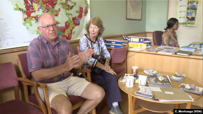 Glen Johnston and his mother, Agnes, sit at the Zimbabwe Commercial Farmers Union offices in Harare, April 16, 2019. She was displaced from her farm 17 years ago without compensation.