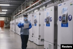 A worker passes a line of freezers holding coronavirus disease (COVID-19) vaccine candidate BNT162b2 at a Pfizer facility in Puurs, Belgium in an undated photograph. (Pfizer/Handout via REUTERS)