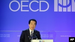 Japan's Prime Minister Naoto Kan delivers a speech at a session of the OECD 50th Anniversary Forum at the OECD headquarters, in Paris, France, May 25, 2011.