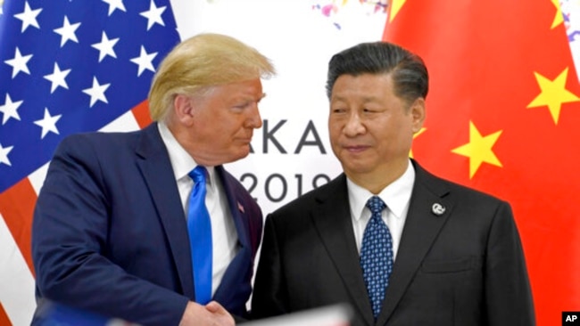 资料照：2019年6月29日，美国总统特朗普和中国国家主席习近平在日本大阪出席G20峰会期间握手。