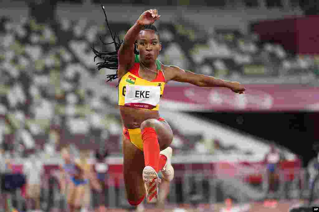 Nadia Eke, of Ghana, competes in the qualification rounds of the women&#39;s triple jump at the 2020 Summer Olympics, Friday, July 30, 2021, in Tokyo. (AP Photo/David J. Phillip)